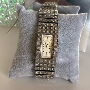 DKNY Silver Tone Stainless Steel Stretch Bracelet Watch with Crystal Accents